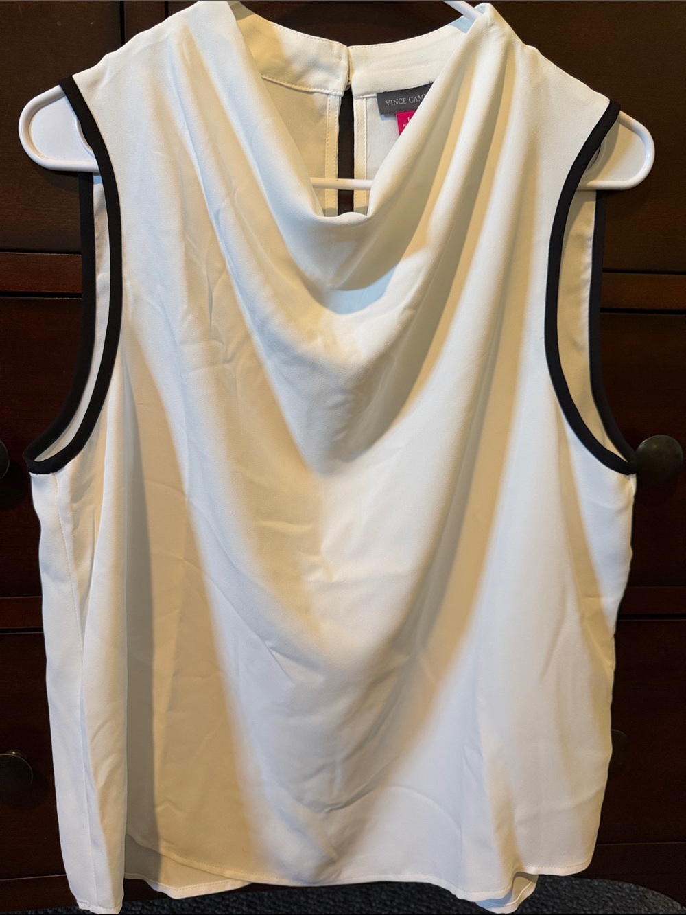 Vince Camuto White Sleeveless Cowl Neck Camisole with Black Trim, size large.